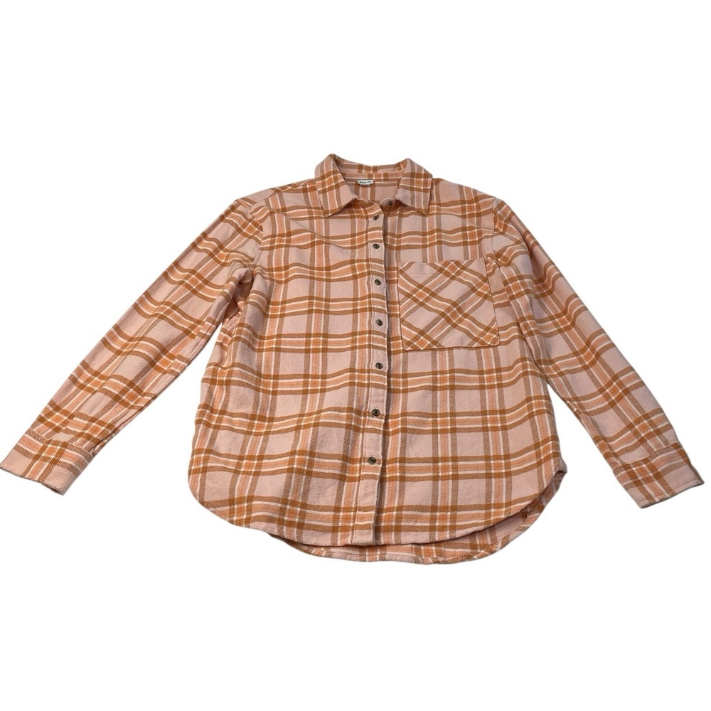 Aerie Women's Flannel Shirt XS Pink Tan Plaid Long Sleeve 100% Cotton Cozy